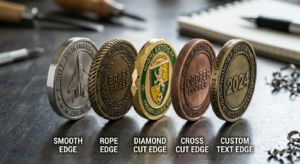 Custom challenge coin edge options including rope edge diamond cut and custom text edge-clean