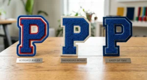 Different border styles for chenille patches including merrowed, embroidered, and laser cut-clean