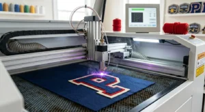 Laser cutting process for shaping custom chenille patches-clean