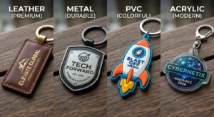 leather metal PVC acrylic keychain comparison